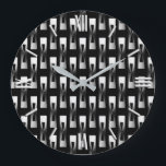 Art Deco Metallic Geometric - Silver and Black Large Clock<br><div class="desc">Art Deco Industrial Chic geometric pattern in a metallic 3-d effect - shades of pale silver to deep grey / gray on a black background</div>