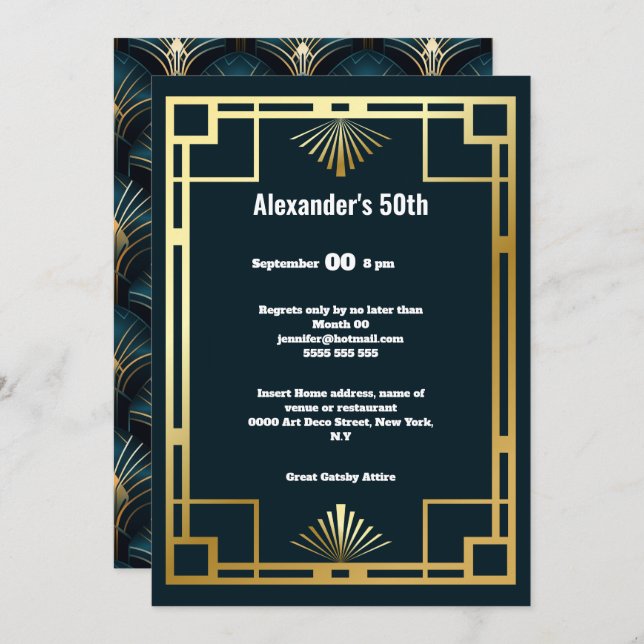 Art deco minimalist plain blue gold gatsby theme invitation (Front/Back)