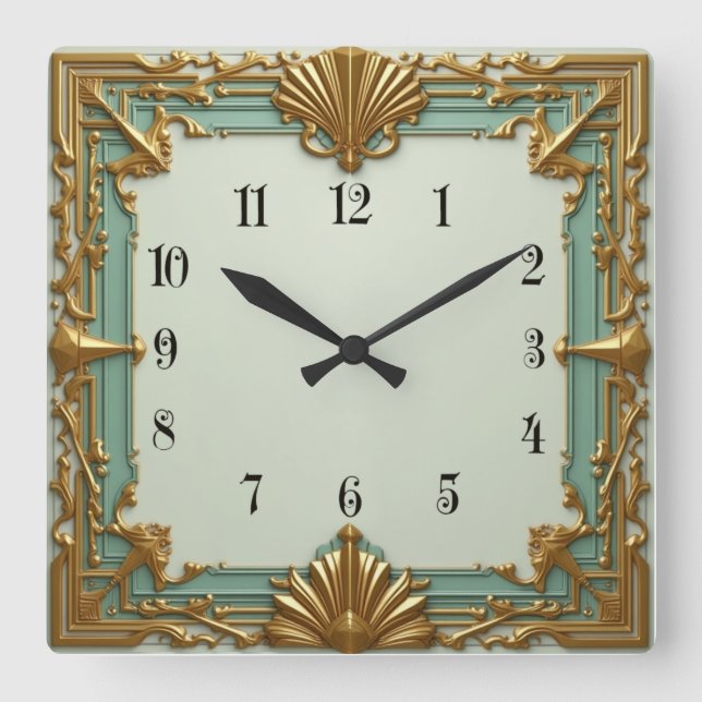 Art Deco Mint and Gold Square Wall Clock (Front)