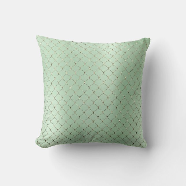 Art Deco Mint Green Gold Scales Mermaid Cushion (Front)