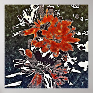 Art Deco Modern Flowers Floral Red - Poster