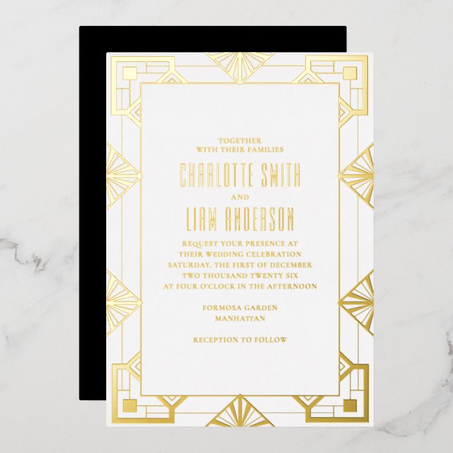 Art Deco Modern Gold Foil Pressed Floral Wedding (Front/Back)