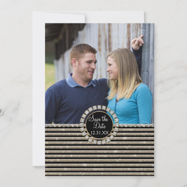 Art Deco Modern Horizontal Stripe Glitter Look Save The Date (Front)