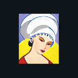 Art Deco Modern Lady in a Turban Canvas Print<br><div class="desc">Canvas in a modern,  semi-abstract,  Art Deco inspired portrait of a lady in red with a white turban,  against a yellow and blue -grey background</div>