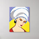 Art Deco Modern Lady in a Turban Canvas Print<br><div class="desc">Canvas in a modern,  semi-abstract,  Art Deco inspired portrait of a lady in red with a white turban,  against a yellow and blue -grey background</div>