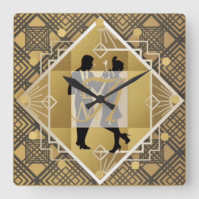 Art Deco Monogram Flapper Couple Newlyweds Decor Square Wall Clock (Front)