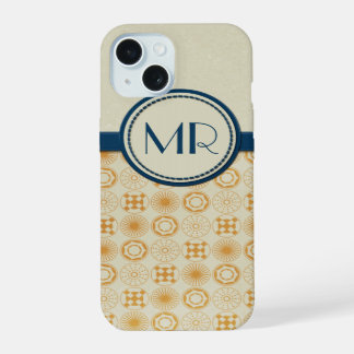 Art Deco Monogram Geometric Circles Orange | Blue iPhone 15 Case