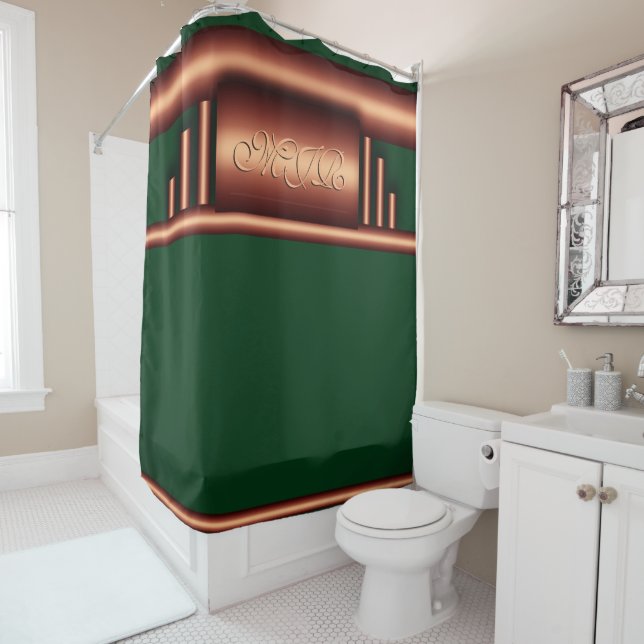 Art deco monogram on brass and Killarney green Shower Curtain (In Situ)