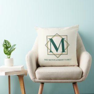 Art Deco Monogram Pillow Green Gold Family Name