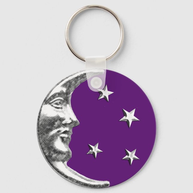 Art Deco Moon and Stars - Amethyst Purple & Silver Key Ring (Front)