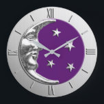 Art Deco Moon and Stars - Amethyst Purple & Silver Large Clock<br><div class="desc">Classic Art Deco moon and stars design in brushed metallic silver,  with an enamel look,  deep amethyst purple background</div>