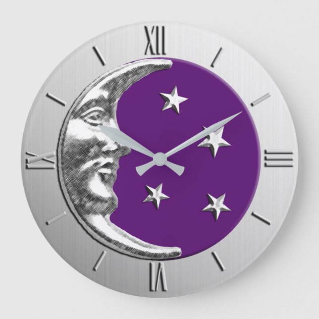Art Deco Moon and Stars - Amethyst Purple & Silver Large Clock (Front)