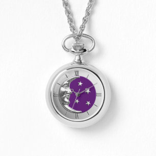 Art Deco Moon and Stars - Amethyst Purple & Silver Watch