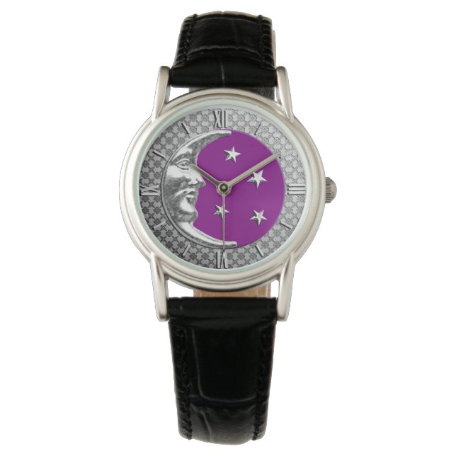Art Deco Moon and stars - Amethyst Purple & Silver Watch (Front)