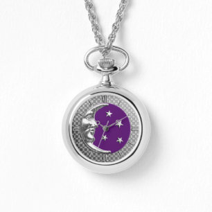 Art Deco Moon and Stars - Amethyst Purple & Silver Watch