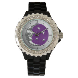 Art Deco Moon and Stars - Amethyst Purple & Silver Watch