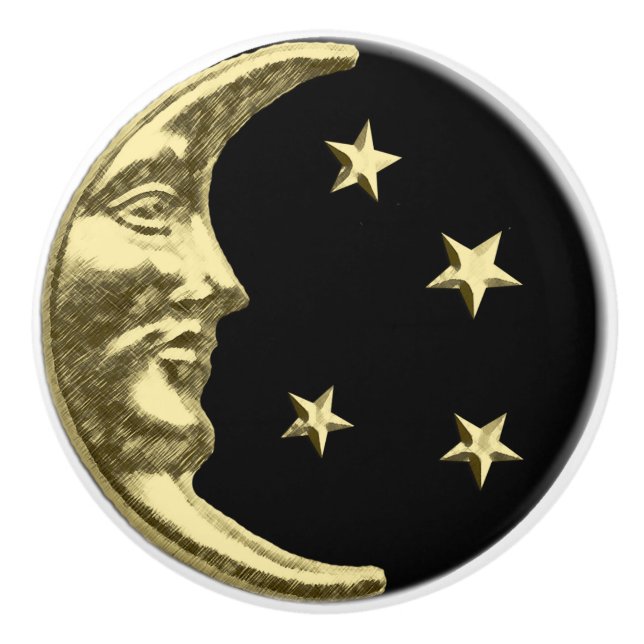 Art Deco Moon and stars - Black and Gold Ceramic Knob (Front)
