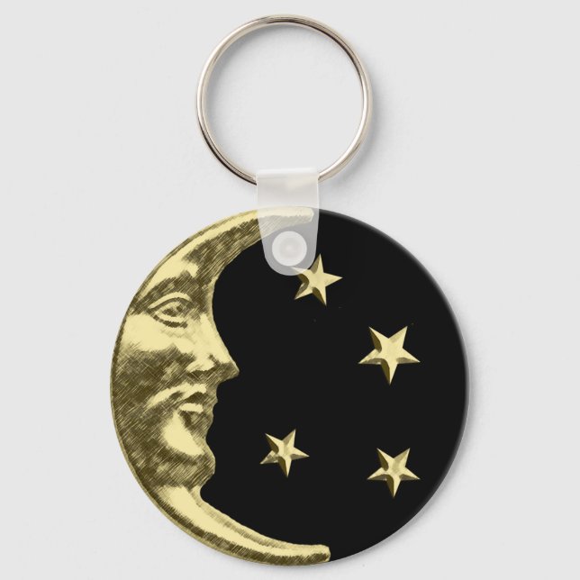 Art Deco Moon and Stars - Black and Gold Key Ring (Front)