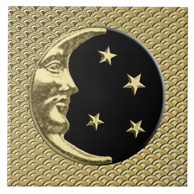 Art Deco Moon and stars - Black and Gold Tile (Front)