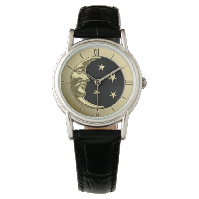 Art Deco Moon and Stars - Black and Gold Watch (Front)