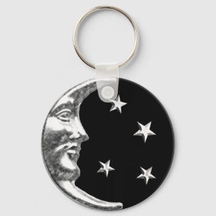 Art Deco Moon and Stars - Black and Silver Key Ring