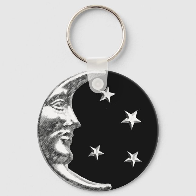 Art Deco Moon and Stars - Black and Silver Key Ring (Front)