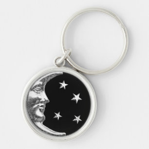 Art Deco Moon and Stars - Black and Silver Key Ring