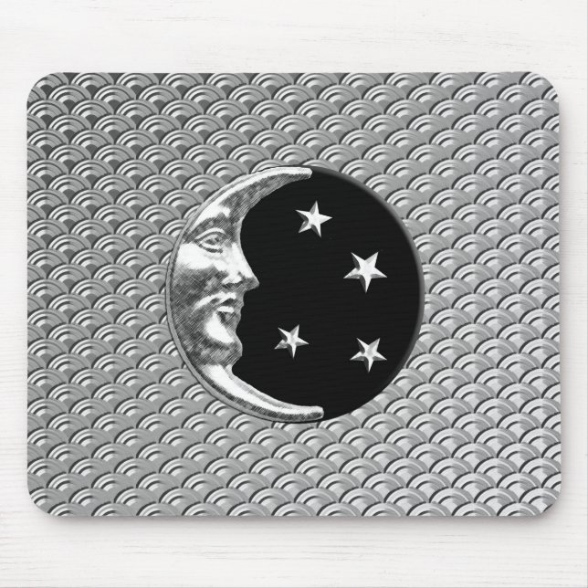 Art Deco Moon and stars - Black and Silver Mouse Mat (Front)