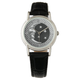 Art Deco Moon and stars - Black and Silver Watch