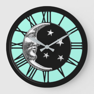 Art Deco Moon and Stars - Black, Aqua and Silver Large Clock