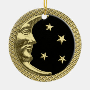 Art Deco Moon and Stars Black on Gold Background  Ceramic Tree Decoration