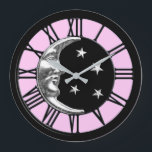 Art Deco Moon and Stars - Black, Pink and Silver Large Clock<br><div class="desc">Classic Art Deco moon and stars design in brushed silver on enamel look,  black with a light ice pink background</div>
