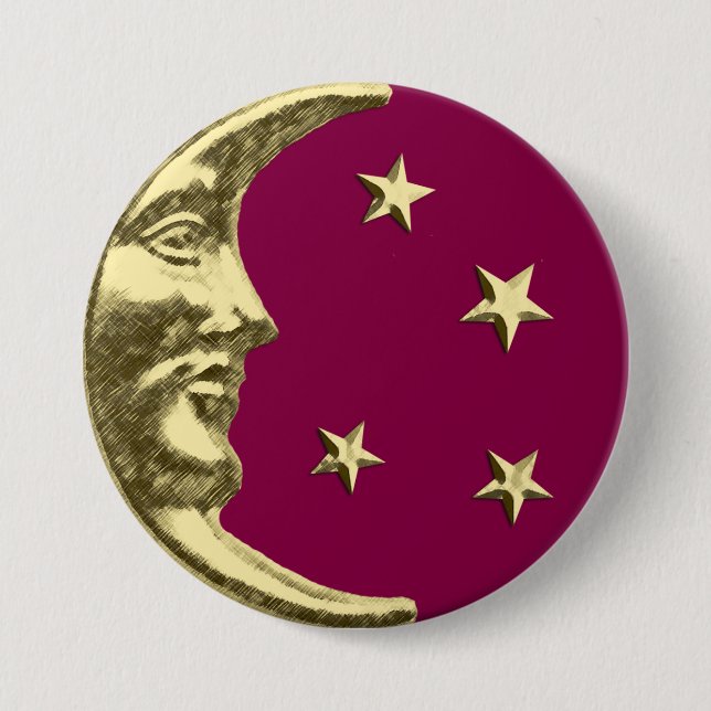 Art Deco Moon and Stars - Burgundy and Gold 7.5 Cm Round Badge (Front)