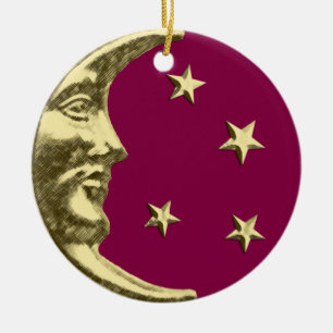 Art Deco Moon and Stars - Burgundy and Gold Ceramic Tree Decoration
