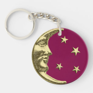 Art Deco Moon and Stars - Burgundy and Gold Key Ring