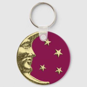 Art Deco Moon and Stars - Burgundy and Gold Key Ring