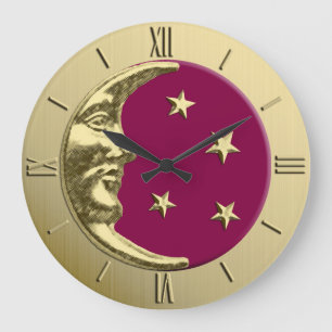 Art Deco Moon and Stars - Burgundy and Gold Large Clock