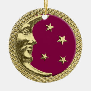 Art Deco Moon and Stars Burgundy & Gold Background Ceramic Tree Decoration