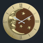 Art Deco Moon and Stars - Chocolate Brown & Gold Large Clock<br><div class="desc">Classic Art Deco moon and stars design in brushed metallic gold,  with an enamel look,  dark chocolate brown background</div>