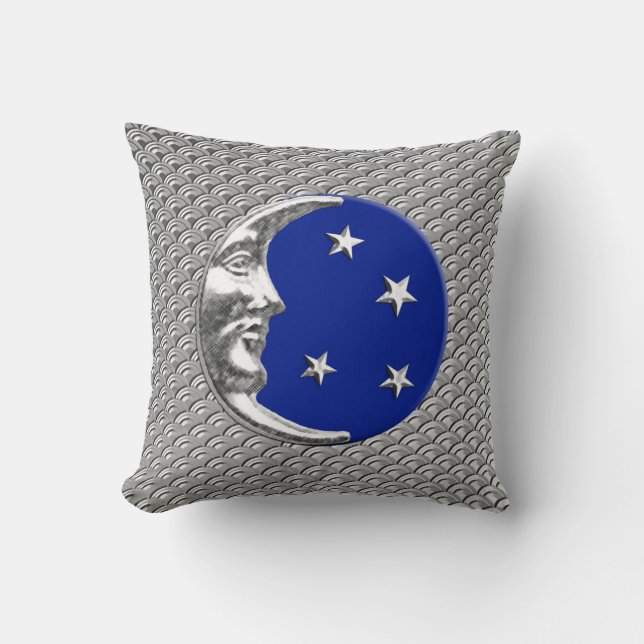 Art Deco Moon and stars -  Cobalt Blue and Silver Cushion (Front)