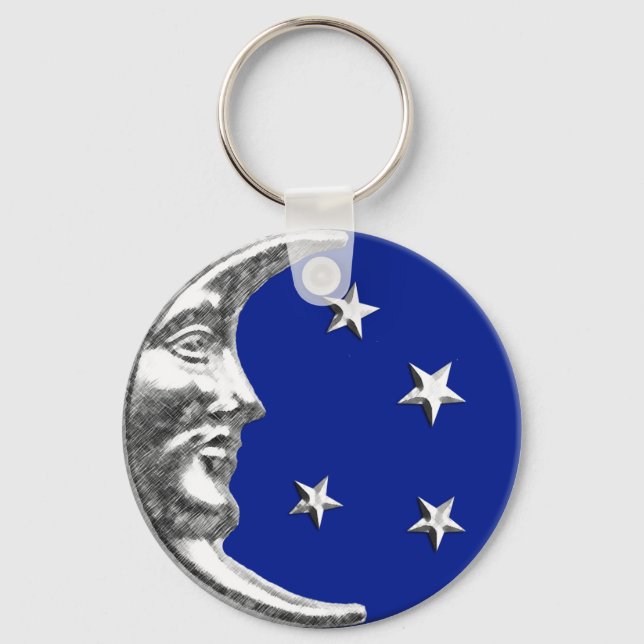 Art Deco Moon and Stars - Cobalt Blue and Silver Key Ring (Front)