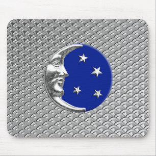Art Deco Moon and stars - Cobalt Blue and Silver Mouse Mat
