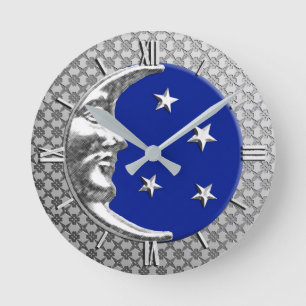 Art Deco Moon and Stars, Cobalt Blue and Silver Round Clock