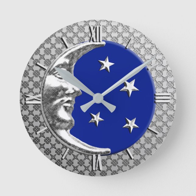 Art Deco Moon and Stars, Cobalt Blue and Silver Round Clock (Front)