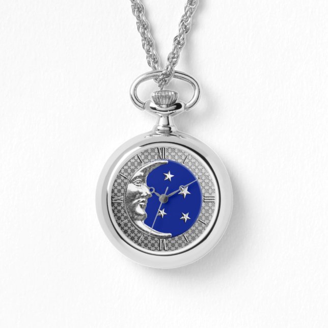Art Deco Moon and Stars - Cobalt Blue and Silver Watch (Front)
