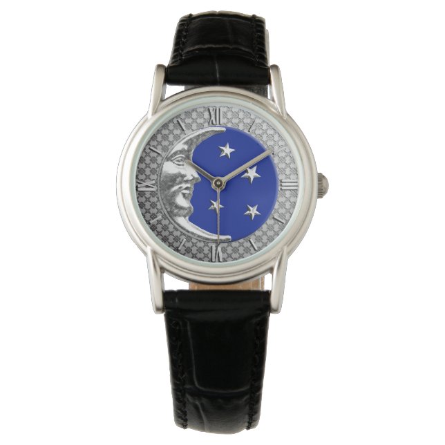 Art Deco Moon and stars - Cobalt Blue and Silver Watch (Front)