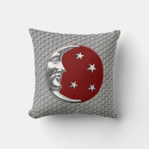 Art Deco Moon and stars -  Dark Red and Silver Cushion
