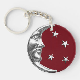 Art Deco Moon and Stars - Dark Red and Silver Key Ring