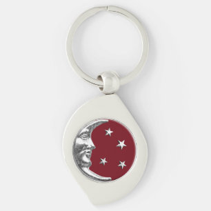 Art Deco Moon and Stars - Dark Red and Silver Key Ring