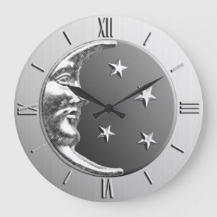 Art Deco Moon and Stars - Grey / Gray and Silver Large Clock